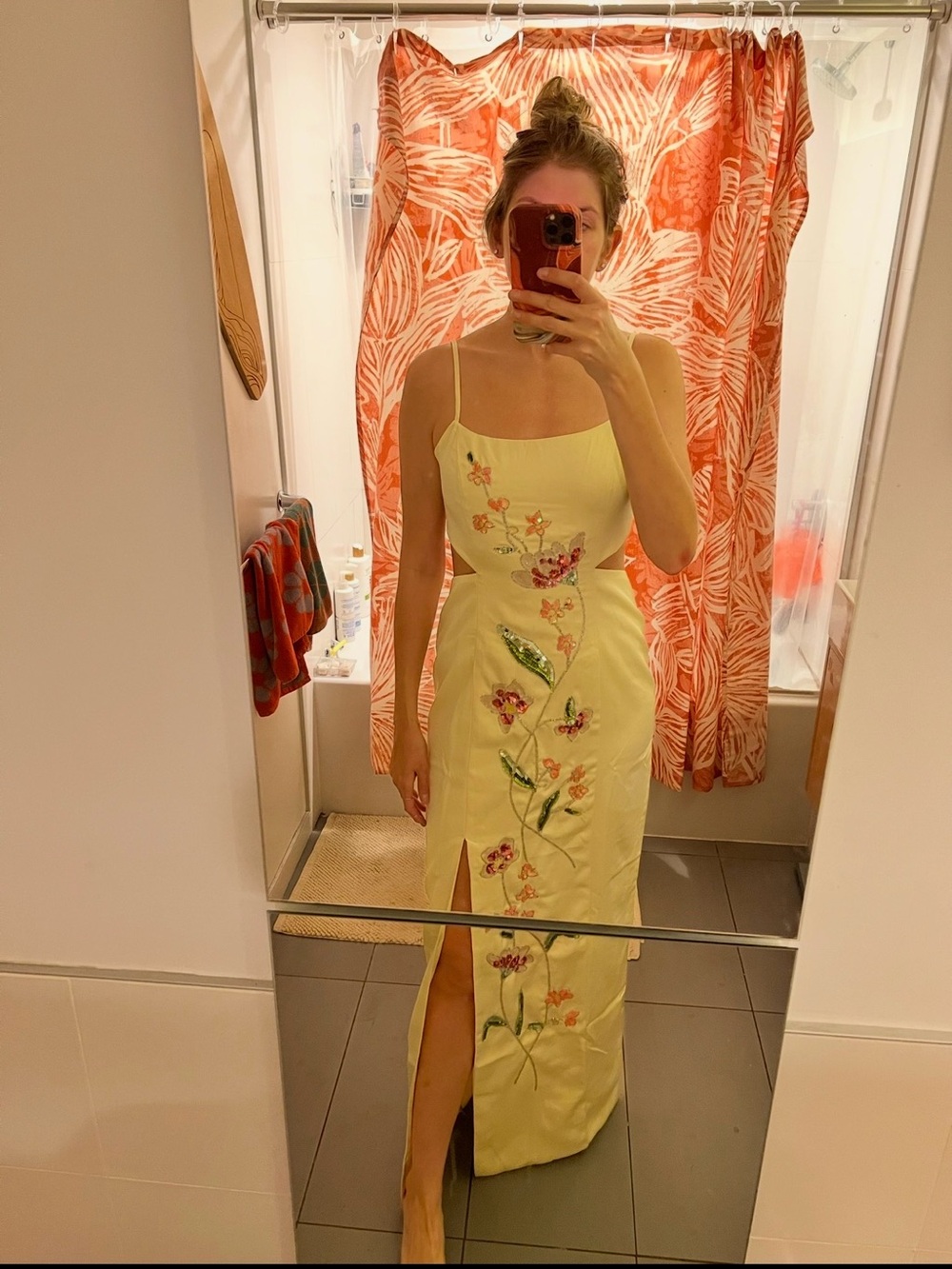 ASOS Lemon Yellow Floral Embroidered Maxi Dress with Side Slit